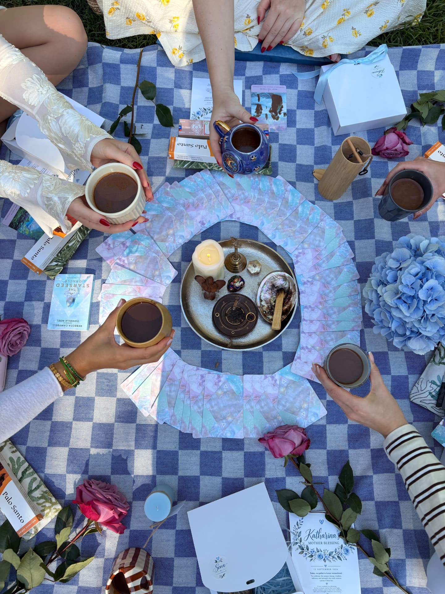Private gathering circle with oracle cards, cacao and flowers